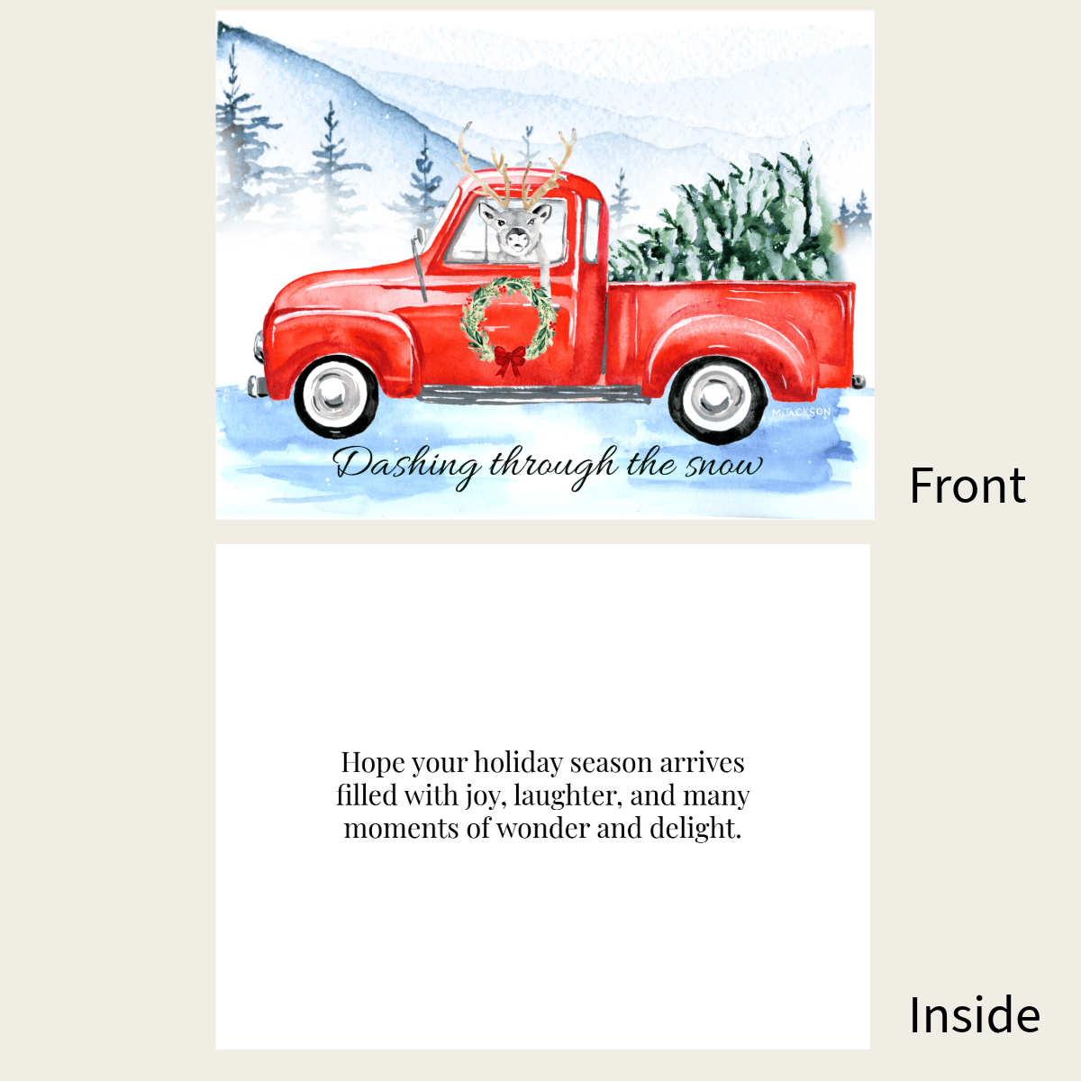 Forever Caroline - Holiday Card w/ Reindeer in Red Truck & Inside Message