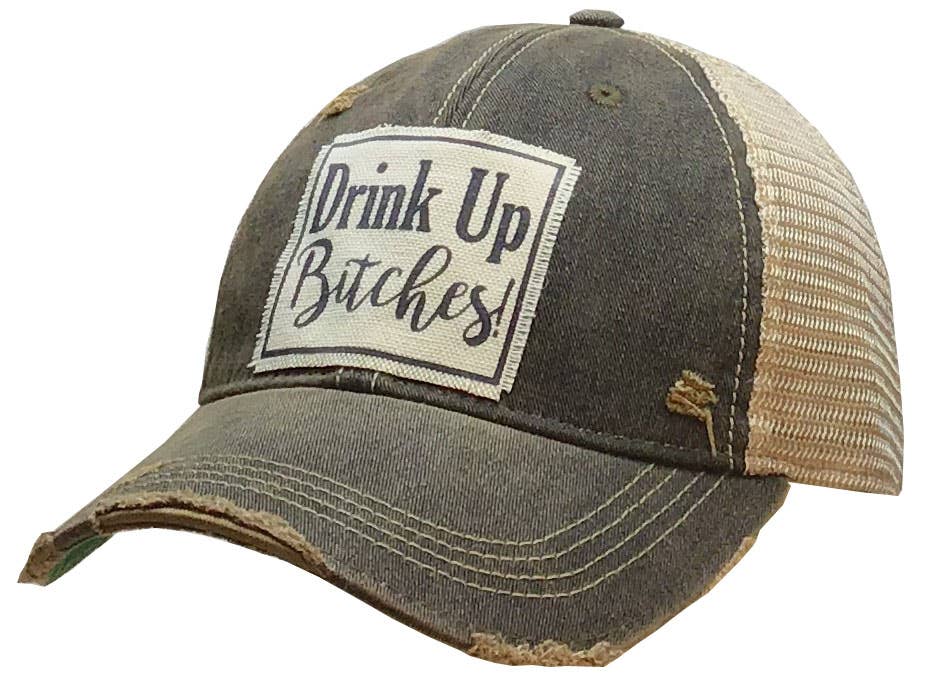 Vintage Life - Drink Up Bitches Distressed Trucker Hat Baseball Cap - Black