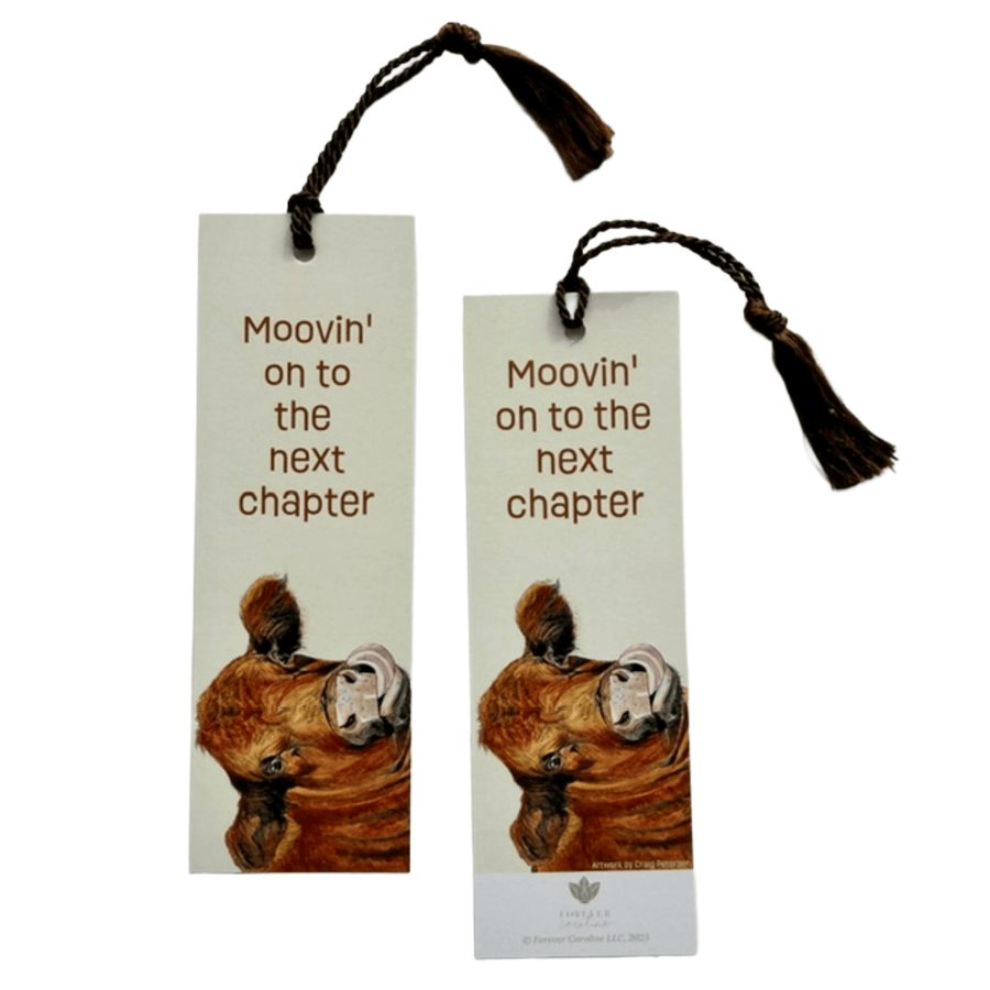 Forever Caroline - Bookmark w/ Whimsical Cow & "Mooving on to Next Chapter"