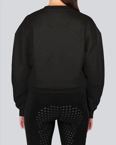Back of Black Sweatshirt with ribbed neckline, cuffs, and hem. Tonal embroidery on the back.