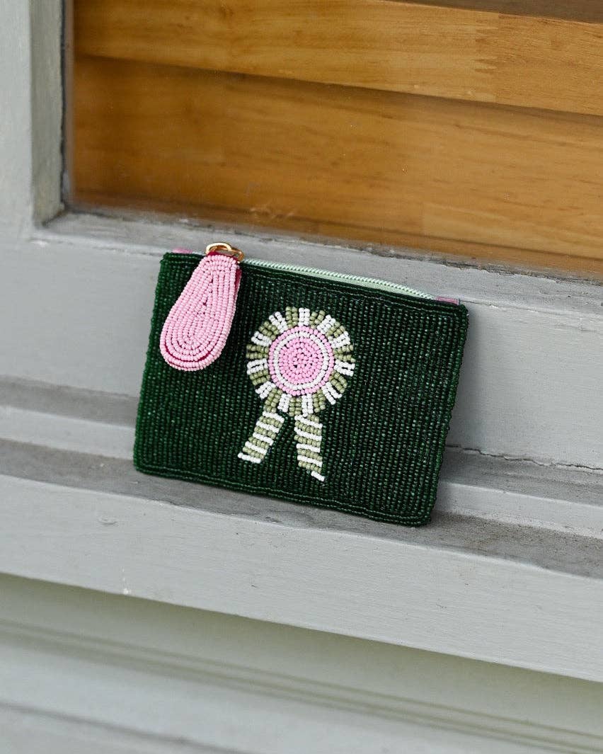 Tucker Tweed Equestrian - Green Ribbon Small Beaded Pouch