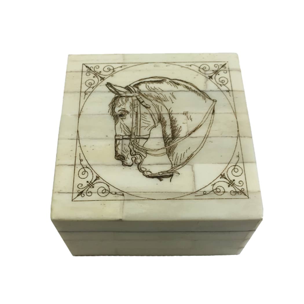 Madison Bay Co. - Historical Home Decor Reproductions - Horse Head Scrimshaw Etched Decorative Bone Box, 3-1/4"