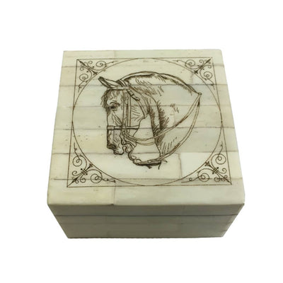 Madison Bay Co. - Historical Home Decor Reproductions - Horse Head Scrimshaw Etched Decorative Bone Box, 3-1/4"