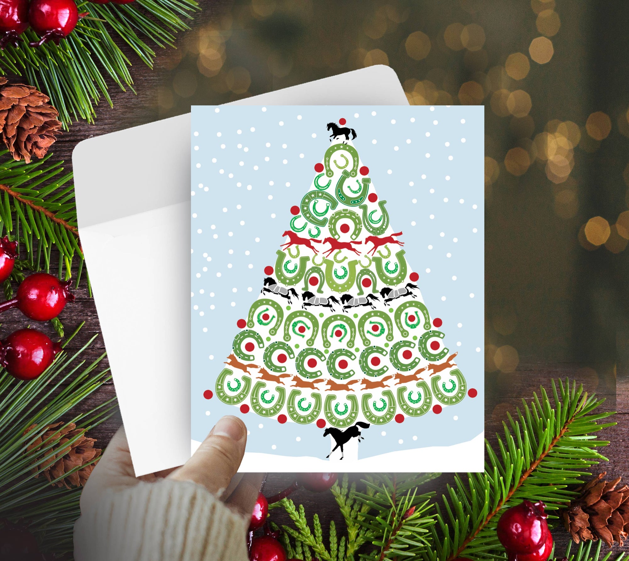 Horse Hollow Press - Horse Boxed Christmas Cards / Horse Shoe Tree / 8 Holiday