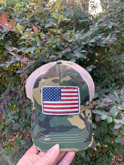 Vintage Life - American Flag USA Distressed Camo Trucker Hat Baseball Cap - Exceptional Equestrian