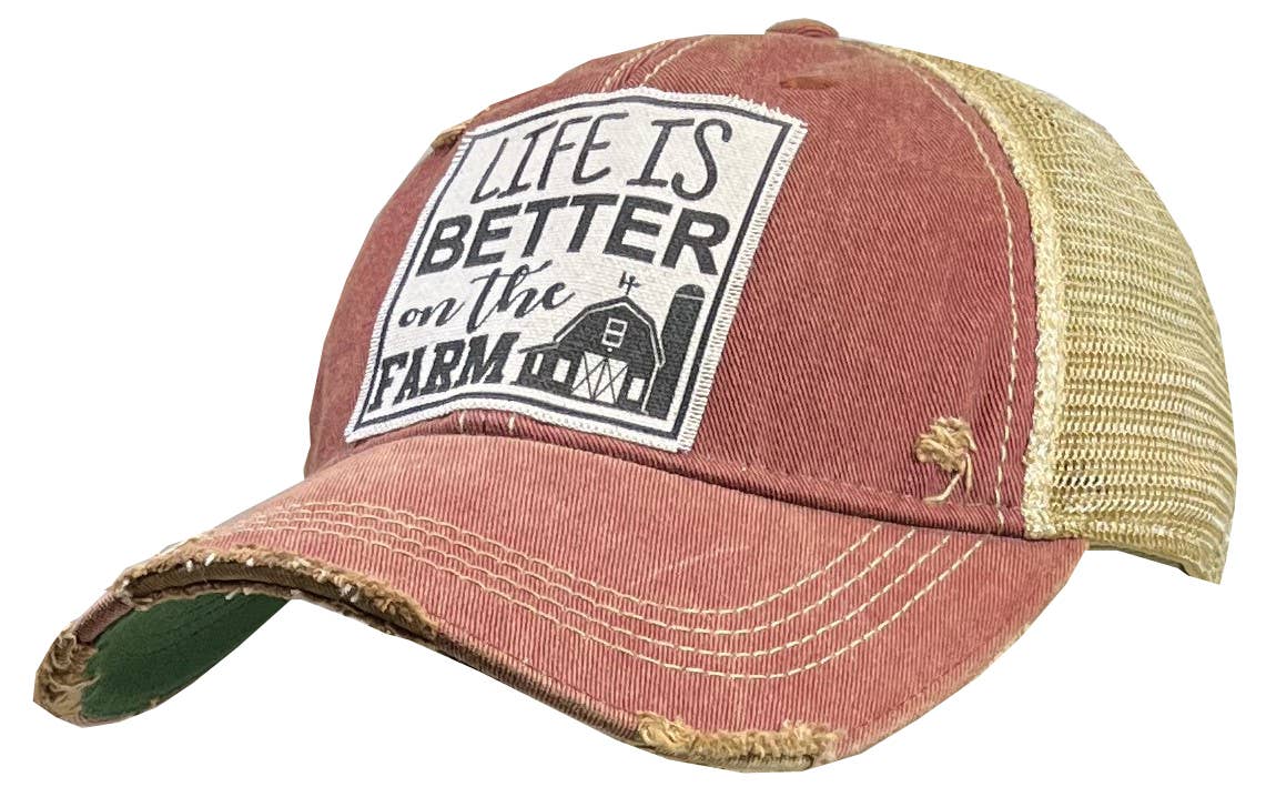 Vintage Life - Life Is Better On The Farm Distressed Trucker Hat Cap - Dark Red