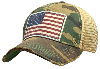 Vintage Life - American Flag USA Distressed Camo Trucker Hat Baseball Cap - Exceptional Equestrian