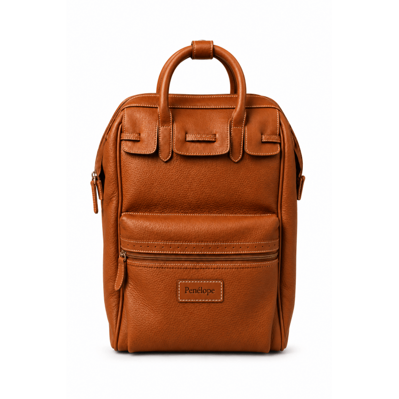 Pénélope - Leather City Backpack Medium Model - Brandy
