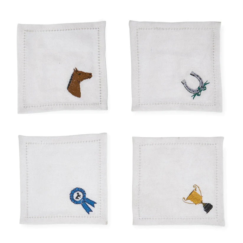 Two's Company Thoroughbred Embroidered Hemstitch Cocktail Napkins- Set of 4