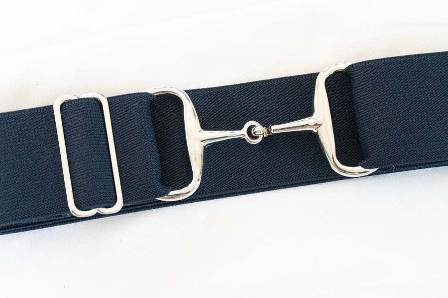 ELLANY - Navy - 2" Silver Snaffle Bit Equestrian Elastic Belt: Standard (Youth - Adult XL)