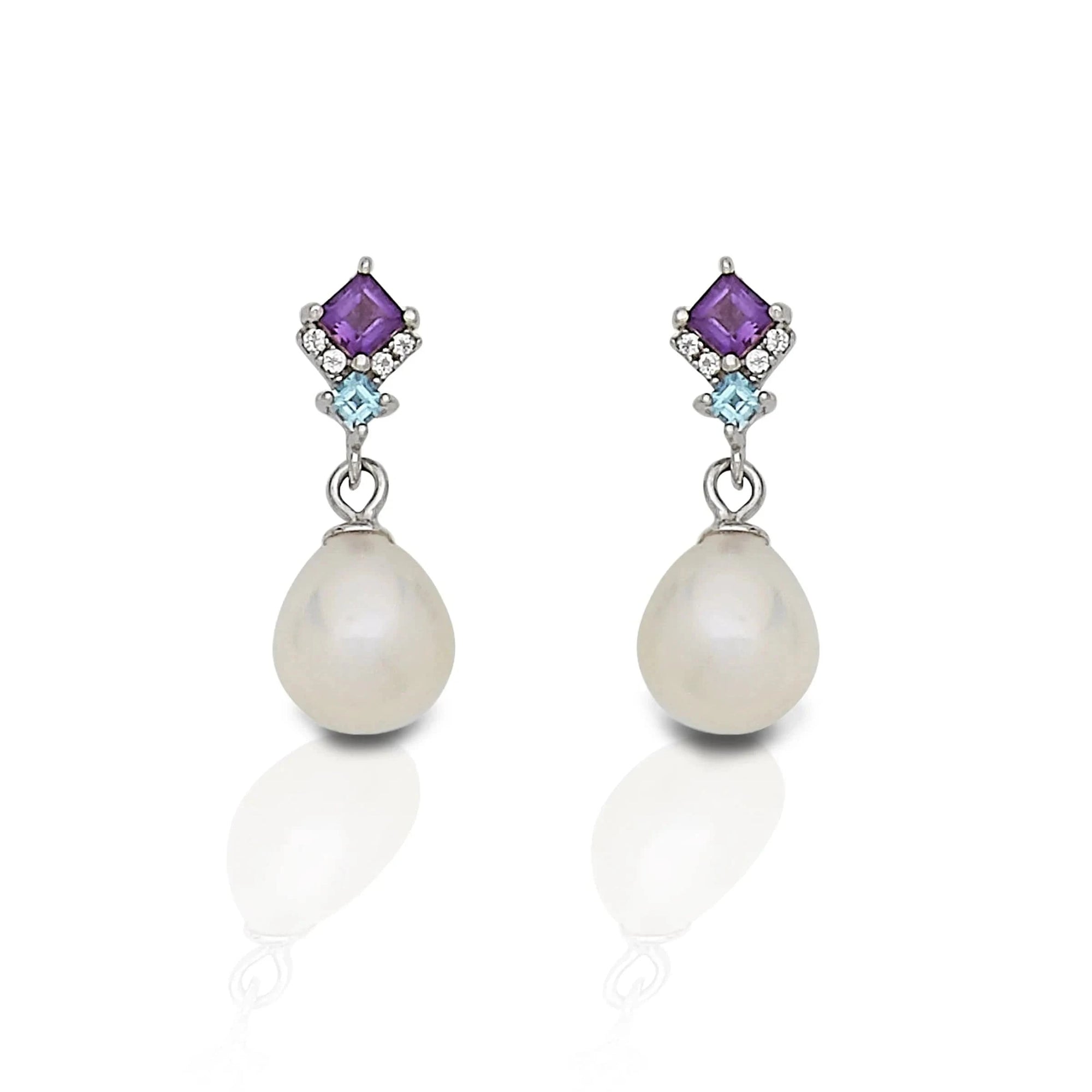 KELLY HERD AMETHYST & BLUE TOPAZ TEAR DROP PEARL EARRINGS - STERLING SILVER - Exceptional Equestrian