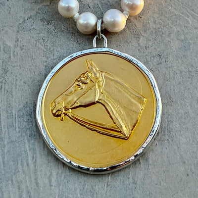 Sally Lowe Vintage Horse Head Medal on Pearl Necklace