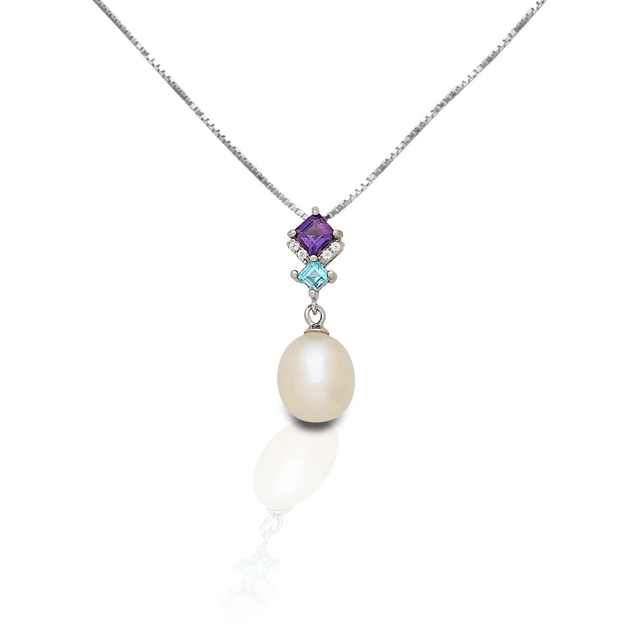 KELLY HERD AMETHYST & BLUE TOPAZ TEAR DROP PEARL PENDANT - STERLING SILVER