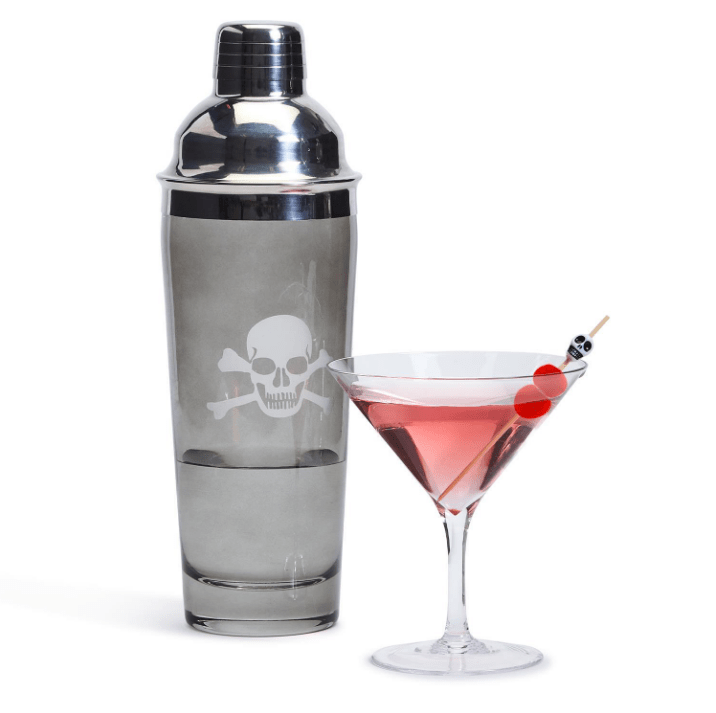 Two's Company Skull & Bones Hand-Etched Smoke Glass Cocktail Shaker with 20 White Skull Cocktail Picks - Exceptional Equestrian