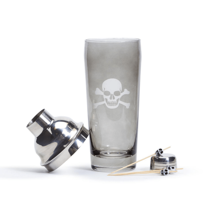 Two's Company Skull & Bones Hand-Etched Smoke Glass Cocktail Shaker with 20 White Skull Cocktail Picks - Exceptional Equestrian