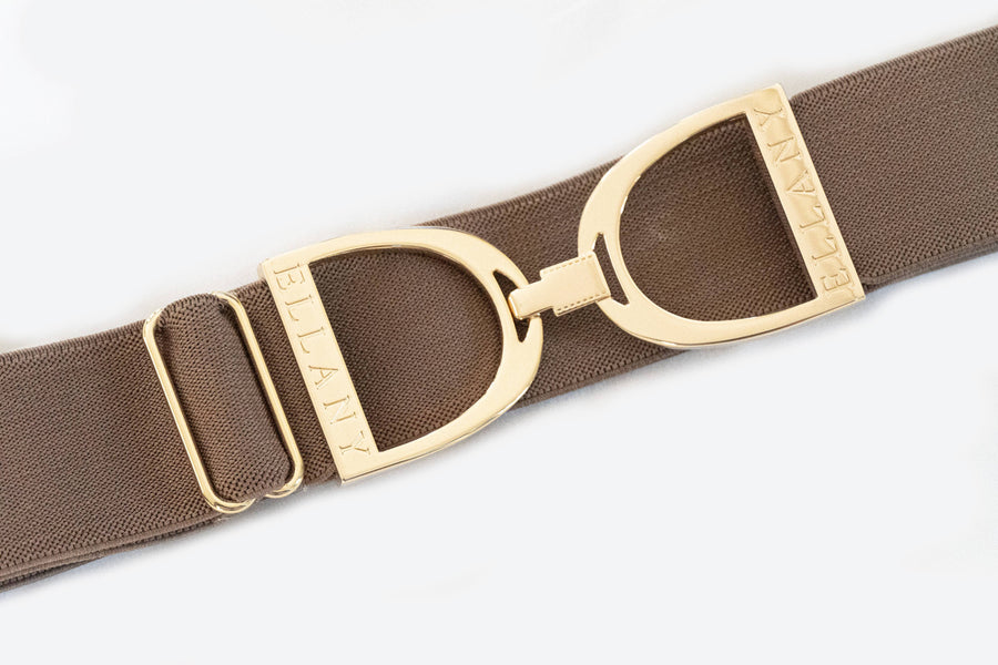 ELLANY - Cocoa - 1.5" Gold Stirrup Elastic Belt: Standard (Youth - Adult 2XL)