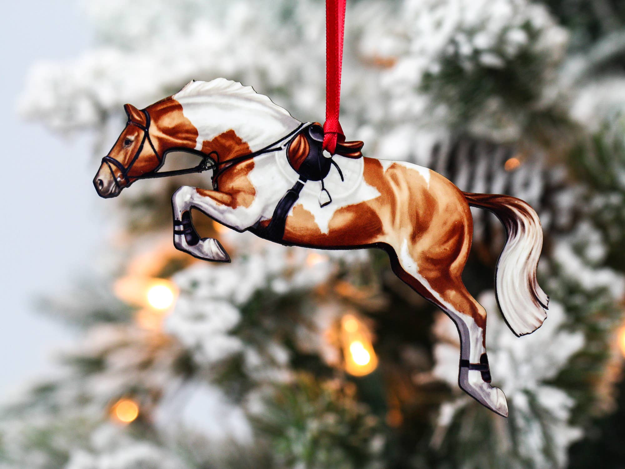 Classy Equine - Jumping Horse Ornament -Chestnut/White Tobiano Hunter Jumper - Exceptional Equestrian