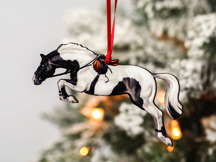 Classy Equine - Jumping Horse Ornament -Black & White Tobiano Hunter Jumper