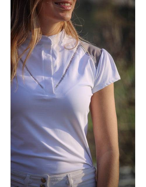 Pénélope - Venice Competition Polo Shirt - White & Taupe - Exceptional Equestrian